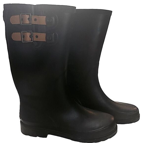Chooka Top Solid Black Wm’s Sz 9 Double Buckle 13” Tall Slip On Rain Boots - Picture 2 of 6